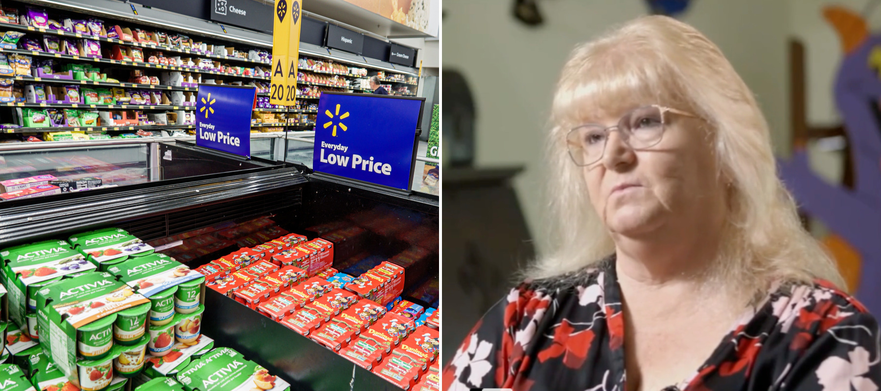 On the left, a grocery aisle at Walmart and on the right, Colleen German.
