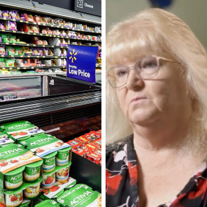 On the left, a grocery aisle at Walmart and on the right, Colleen German.