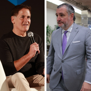 On the left, Mark Cuban and on the right, Ted Cruz.
