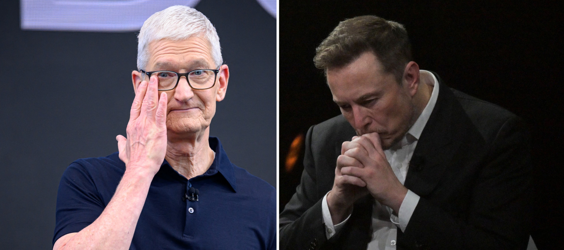 A compilation image of outgoing Apple CEO Tim Cook and Elon Musk, both looking deeply concerned.