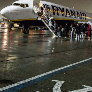 Ryanair logo is seen at Krakow Airport as passengers wait for boarding in Krakow, Poland.