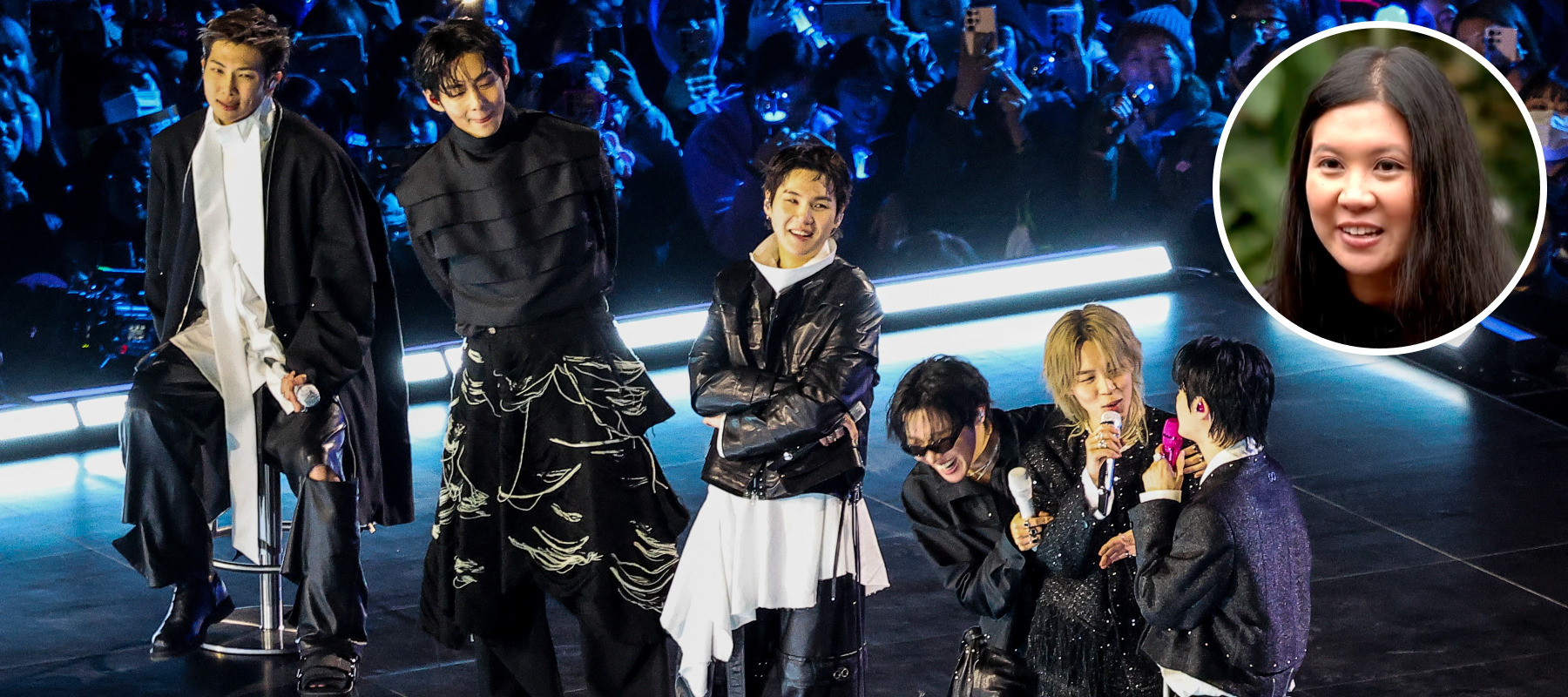 On the left, BTS performing during in Seoul on March 21, 2026 and on the right, Bernadette Joy.