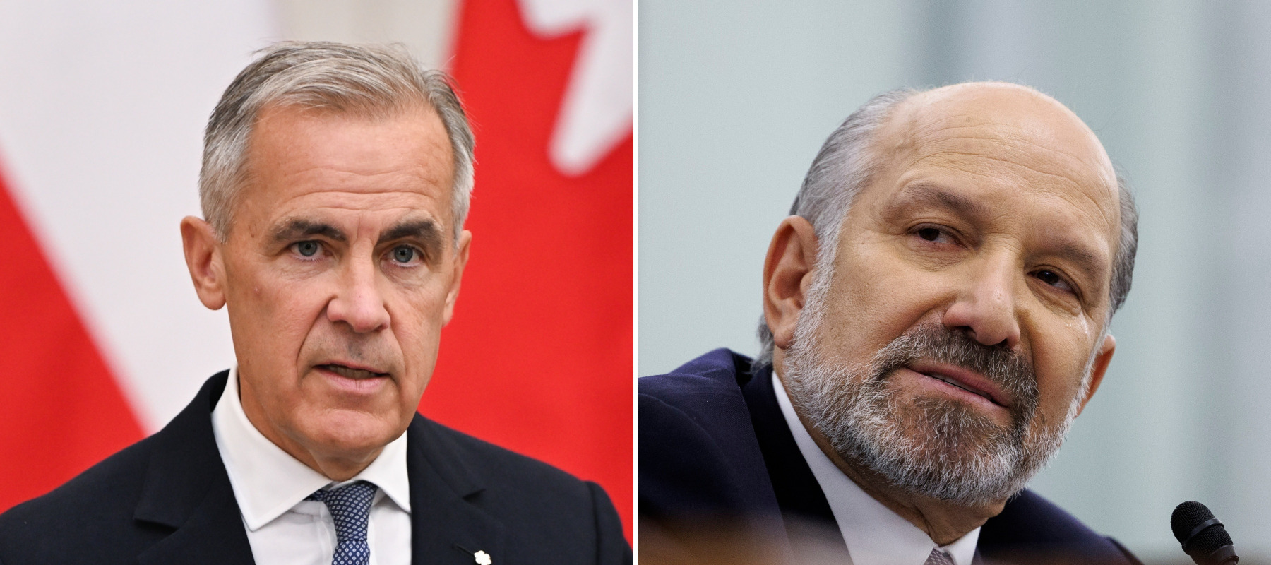 Mark Carney speaking in front of a microphone, next to Howard Lutnick looking at him