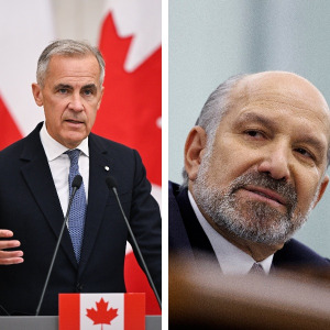 Mark Carney speaking into a microphone, with Howard Lutnick looking at him