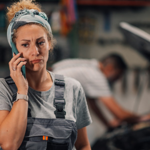 Woman on the phone at a mechanic shop, looking upset, while man works on car in the background.