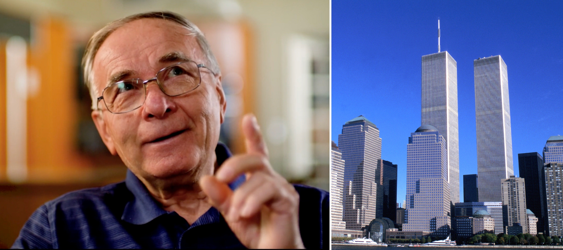 Two-panel image of the Twin Towers in New York City alongside a screenshot of a male window washer who worked in the North Tower.