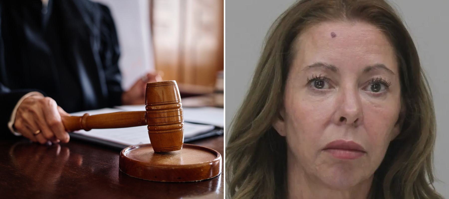 Two-panel photo of a judge gavel (left) and Heather Ruybal (right) at the Dallas country jail.