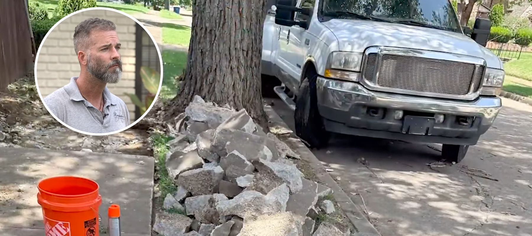 L: Jeremy Walker speaking about botched sidewalks, R: Sidewalk in repair