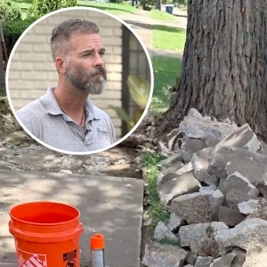 L: Jeremy Walker speaking about botched sidewalks, R: Sidewalk in repair