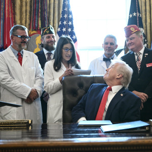 President Trump meets with several doctors inside the Oval Office.