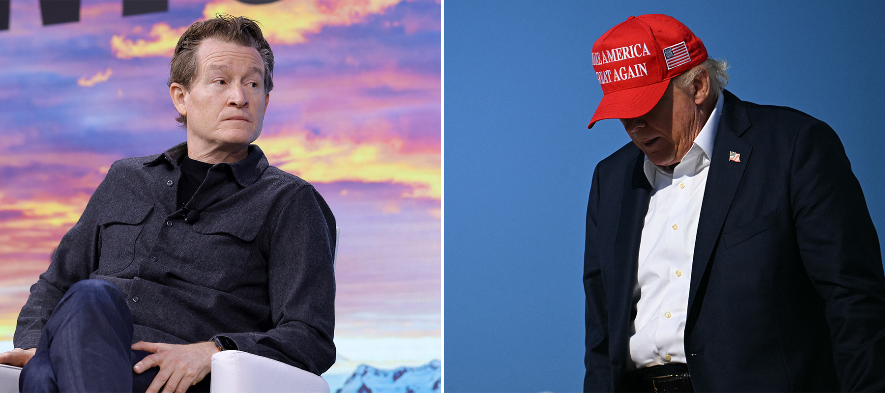 A two-column photo collage of Patagonia CEO Ryan Gellert and U.S. President Donald Trump.