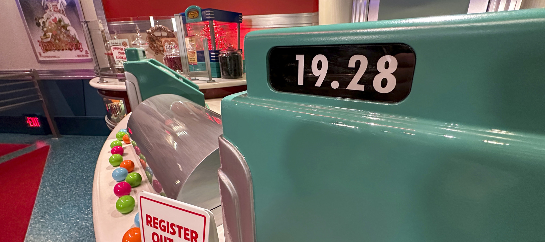 The queue of the new Mickey &amp; Minnie's Runaway Railway has a cash register with the price $19.28.