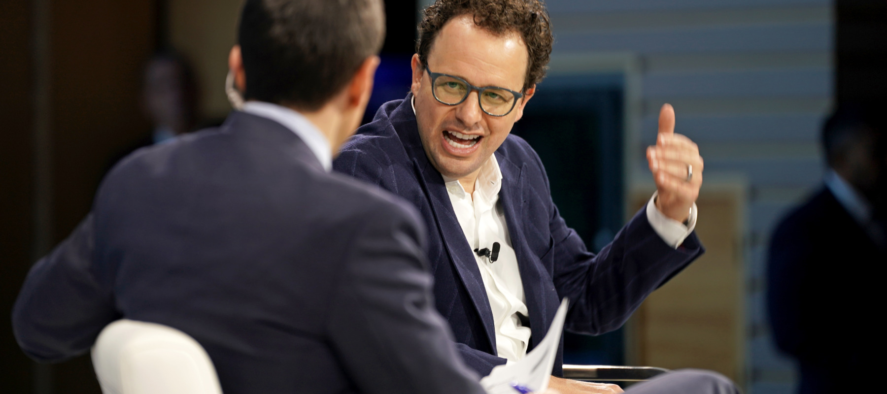 Andrew Ross Sorkin and Dario Amodei speak onstage during The New York Times DealBook Summit 2025 at Jazz at Lincoln Center.