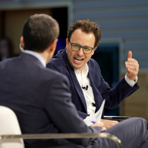 Andrew Ross Sorkin and Dario Amodei speak onstage during The New York Times DealBook Summit 2025 at Jazz at Lincoln Center.