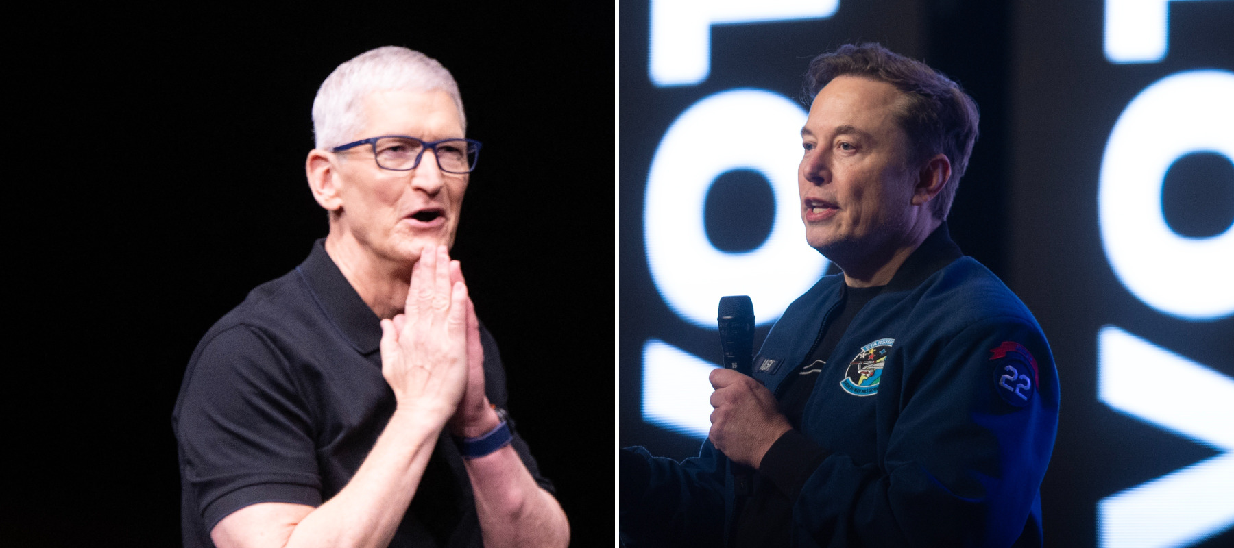 A composite image of Tim Cook on the left and Elon Musk on the right at unrelated events.