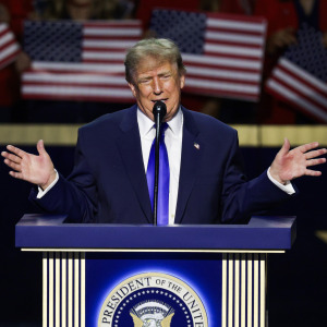Trump speaks on stage on the first day of the 2026 Republican National Convention.