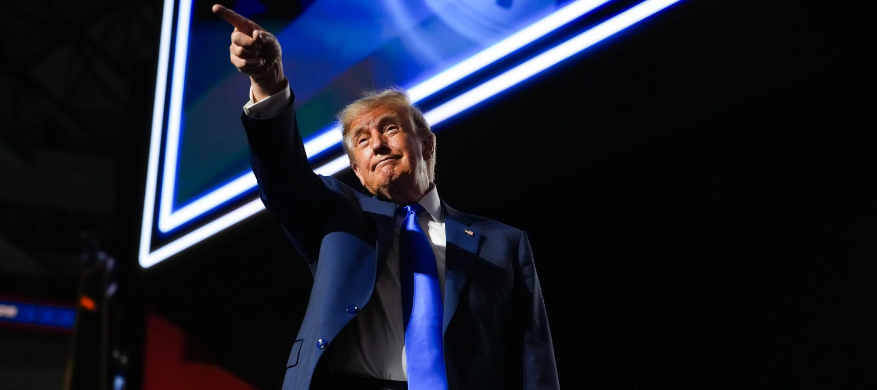 Trump points after addressing attendees on the first day of the 2026 Republican National Convention.