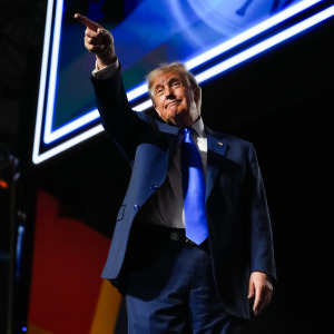 Trump points after addressing attendees on the first day of the 2026 Republican National Convention.
