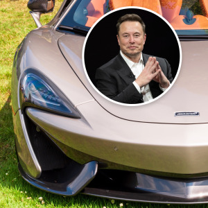 A tan McLaren supercar with Elon Musk in a bubble on top of it