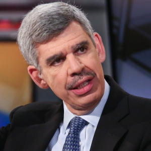 Mohamed El-Erian raises his hand while talking with Fox News' Maria Bartiromo