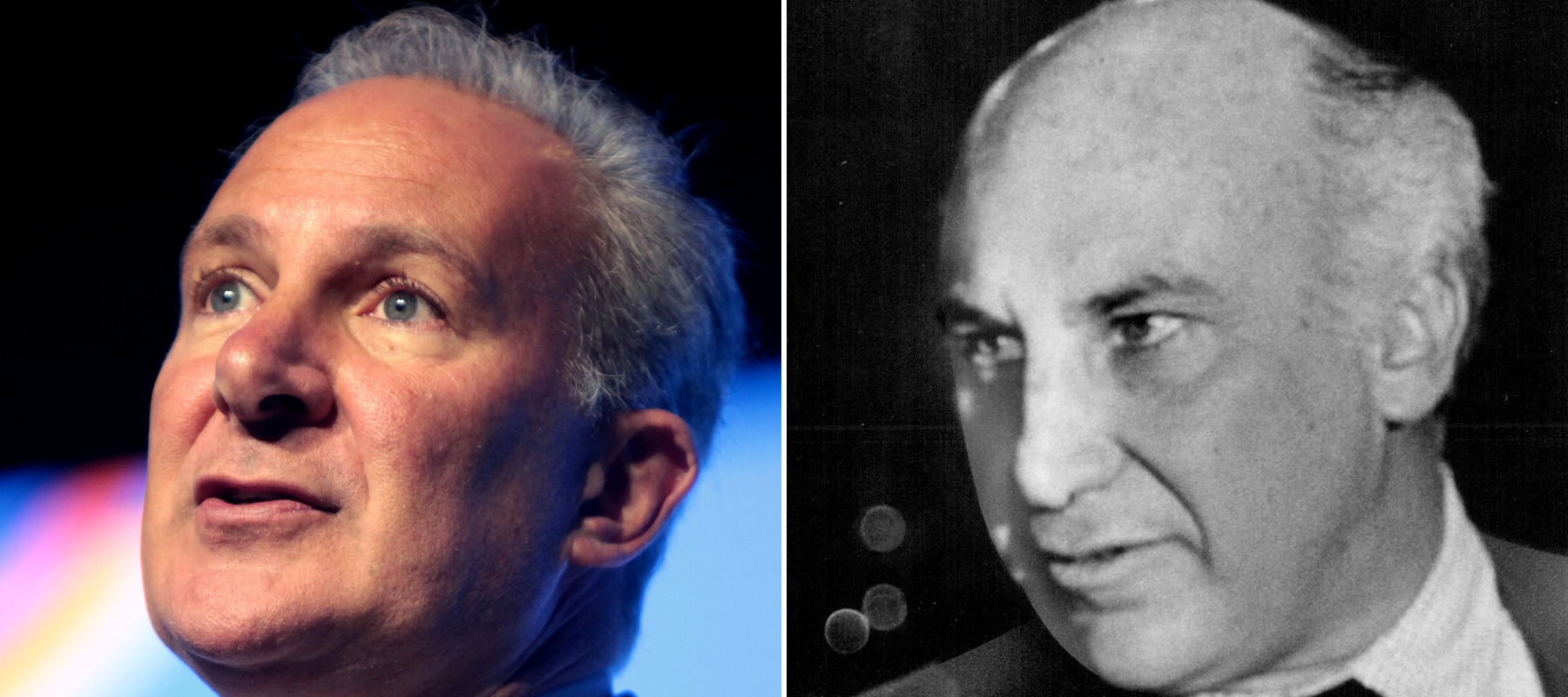 A split screen of Peter Schiff (left) and his father Irwin