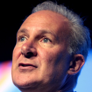 A split screen of Peter Schiff (left) and his father Irwin
