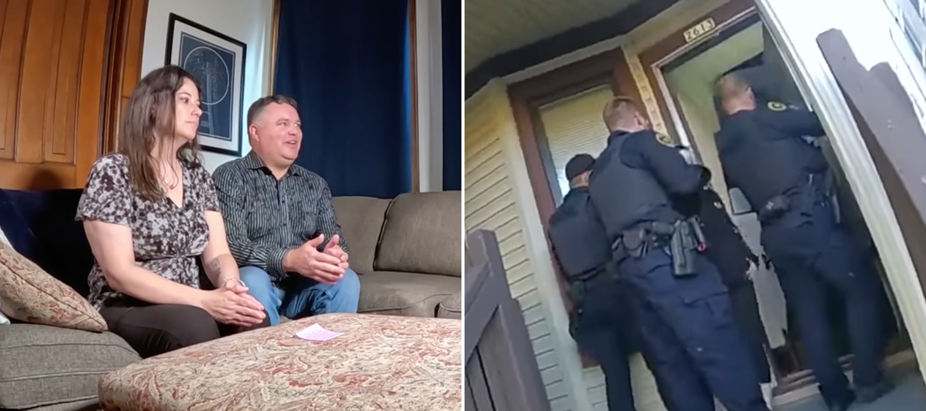 L: Patrick Tomlinson and Niki Robinson discussing swatting, R: Police officers at Milwaukee couple’s front door