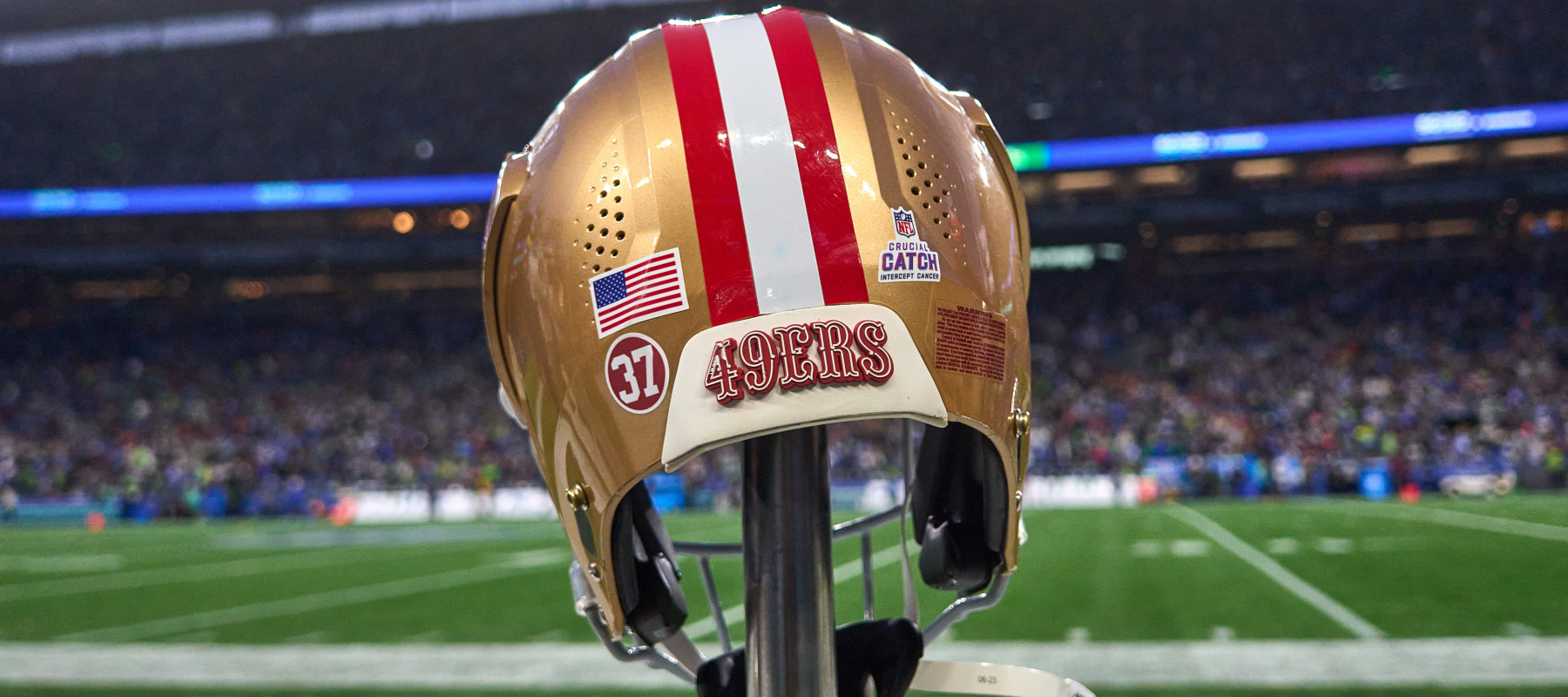 A detail view of San Francisco 49ers helmet is seen at Lumen Field.
