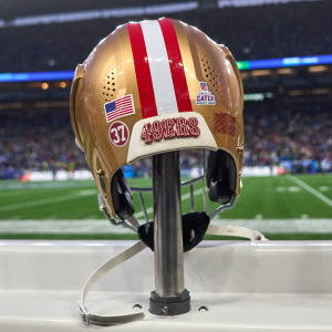 A detail view of San Francisco 49ers helmet is seen at Lumen Field.