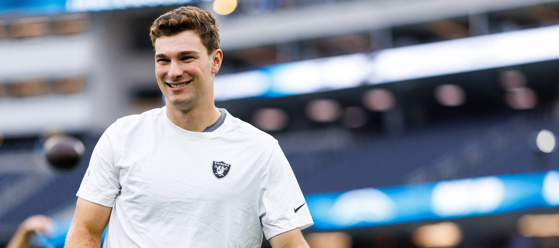 Fernando Mendoza #15 of the Las Vegas Raiders stands on the field prior to an NFL football game against the Los Angeles Chargers at SoFi Stadium on September 20, 2026.