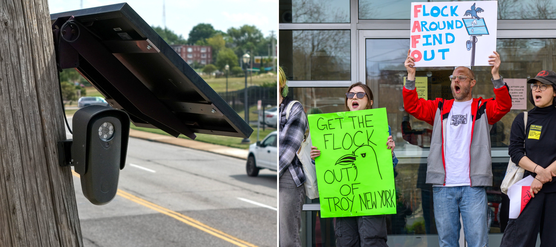 On the left, a Flock Security system mounted to a tree and on the right, a group protesting against the company.