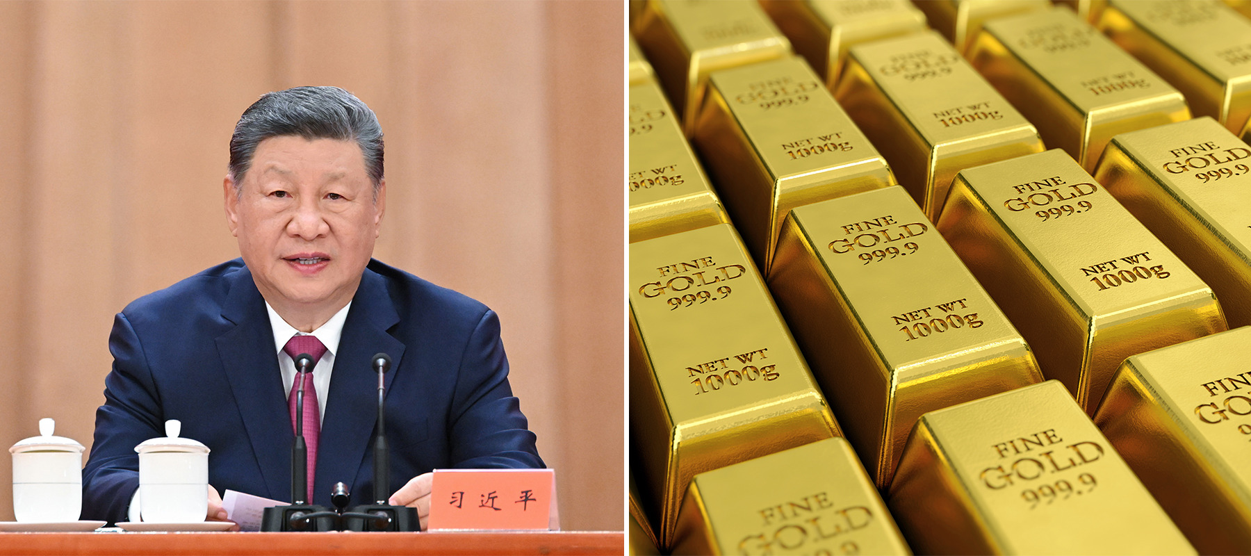 A two-column image of Chinese leader Xi Jinping and gold bullion.