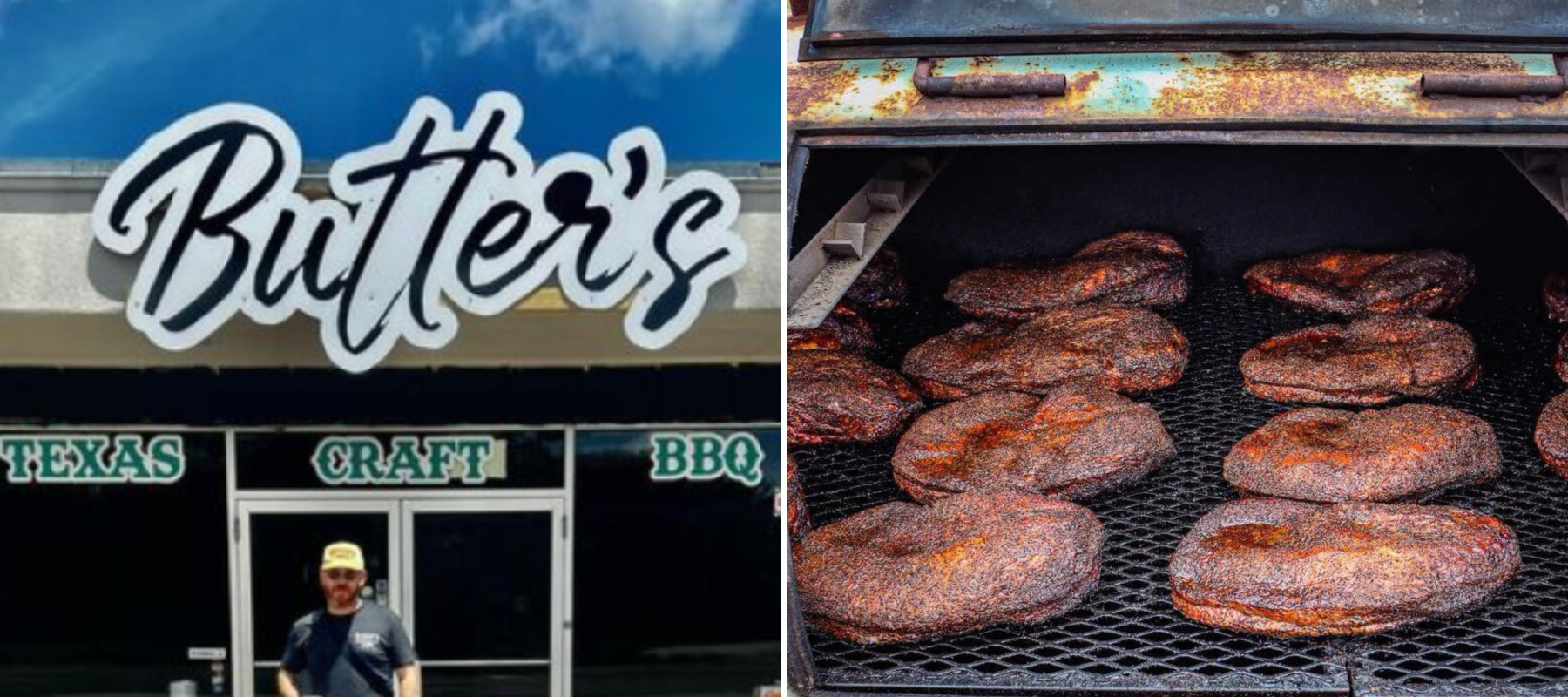 Two-panel image of Butter's BBQ in Sinton, Texas and cooked briskets in a smoker.