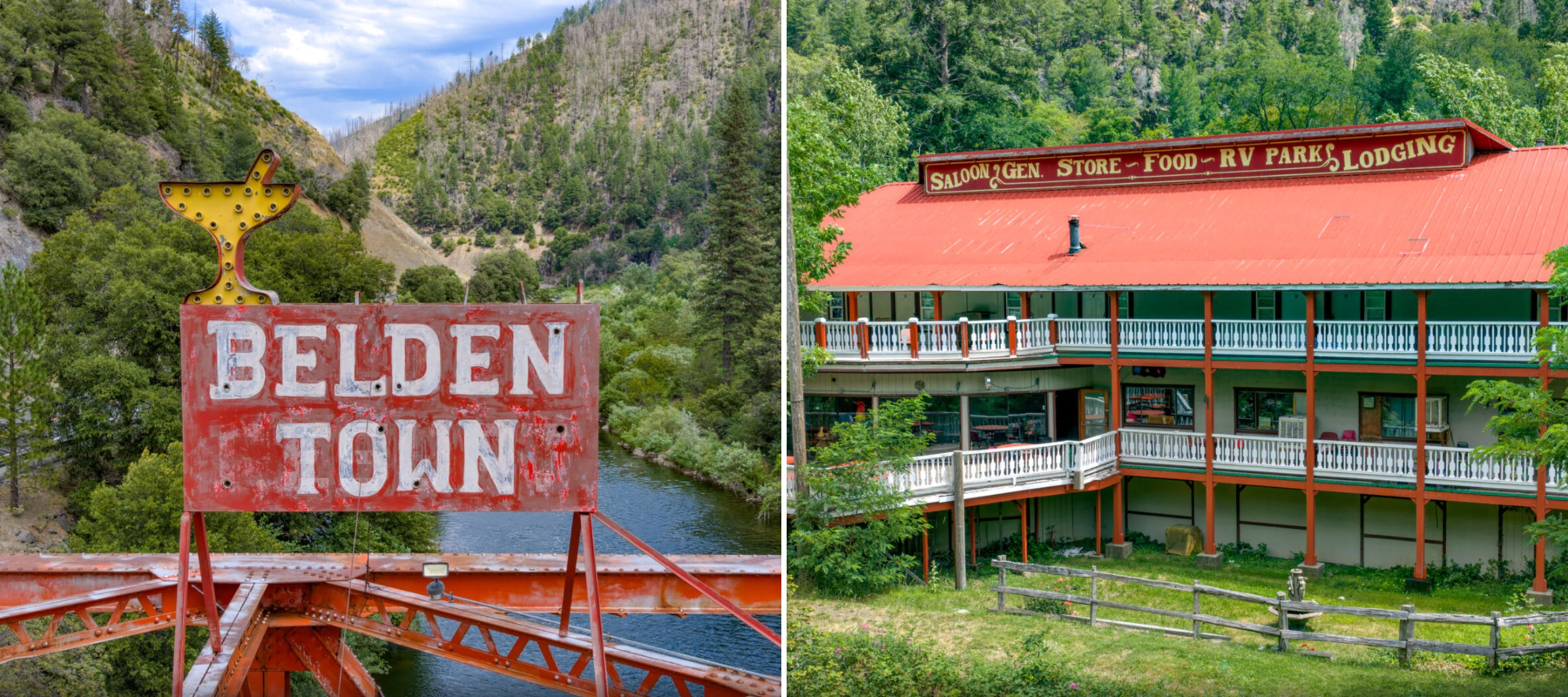Two-panel image showing views of Belden Resort, currently on sale for $4.75 million.