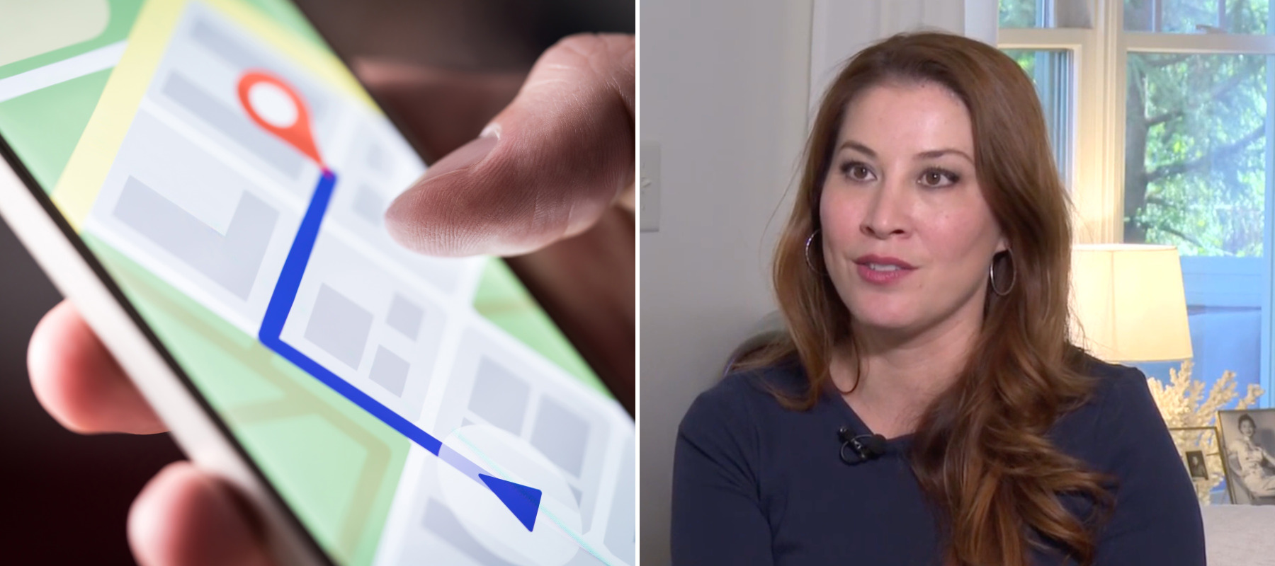 A split-panel photo of a smartphone map and Lynn Owens of North Carolina