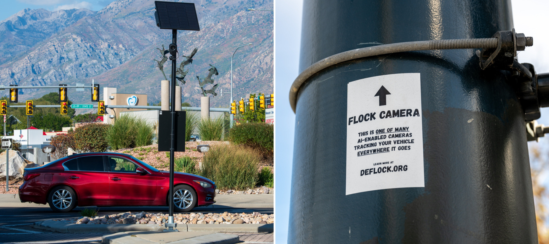 On the left, a red car stops in front of a Flock Safety camera and on the right, a sticker identifying a Flock camera is placed on its stand.