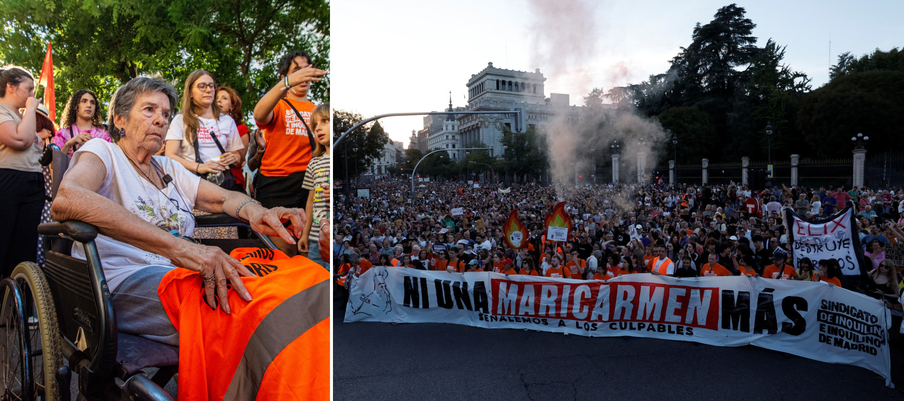 On the left, Maricarmen Abascal sits with her supporters and on the right, a protest in support of Abascal.