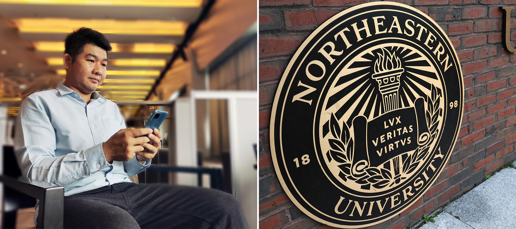 A two-column photo collage of an Asian man using a mobile phone and the Northeastern University crest.