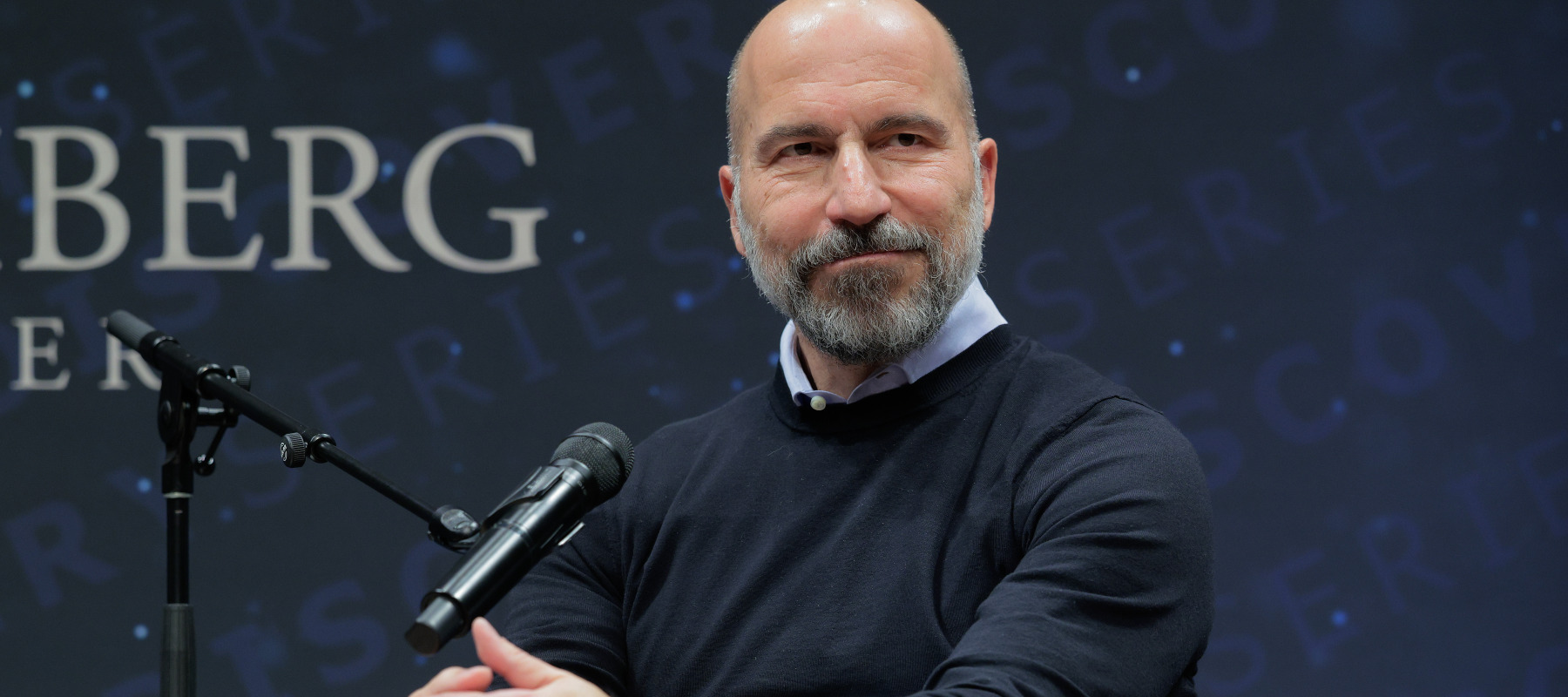 Uber CEO Dara Khosrowshahi is interviewed by Kara Swisher during a recording of her "On With Kara Swisher" podcast.