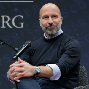 Uber CEO Dara Khosrowshahi is interviewed by Kara Swisher during a recording of her "On With Kara Swisher" podcast.