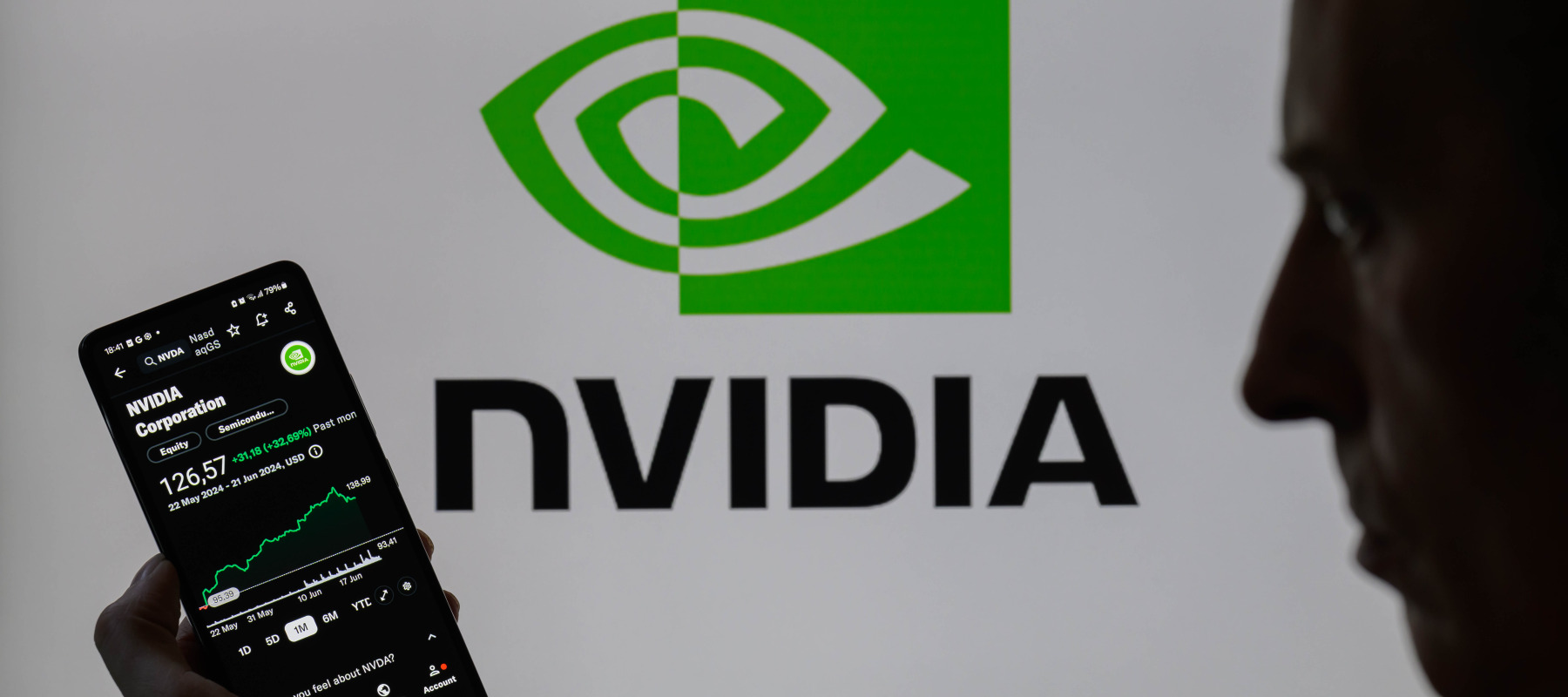 A man looks at NVIDIA's stock market results on his smartphone.