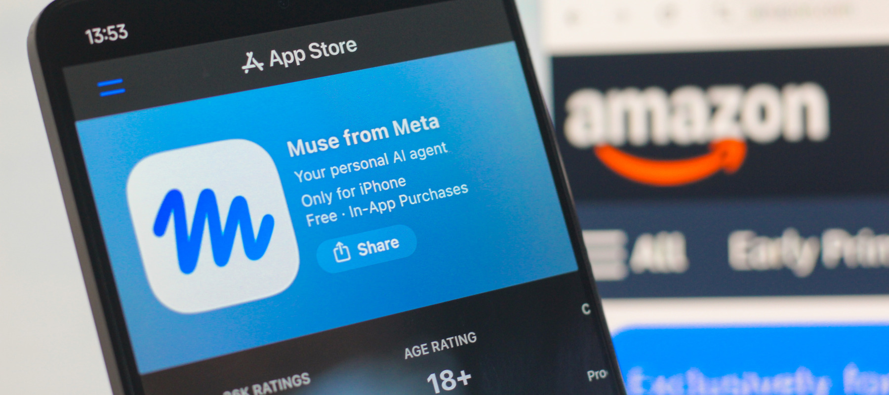 the Meta Muse AI logo is seen displayed on a smartphone screen and the Amazon logo in the background