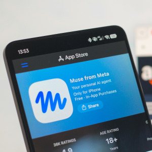 the Meta Muse AI logo is seen displayed on a smartphone screen and the Amazon logo in the background