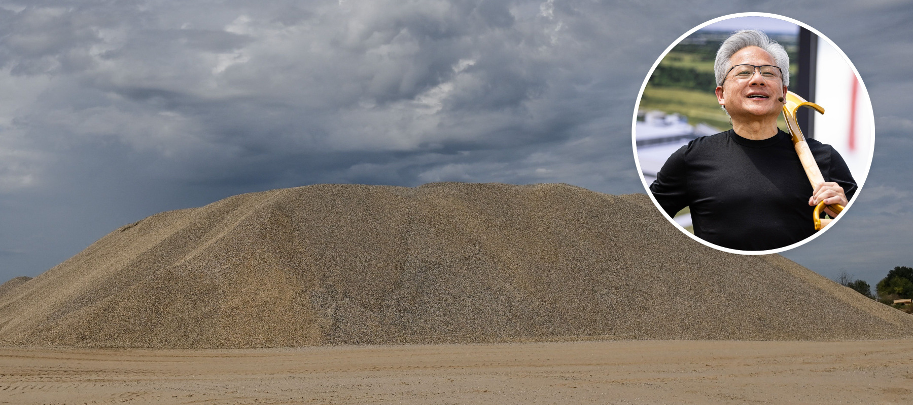A massive sand pile is pictured, along with Nvidia CEO Jensen Huang.
