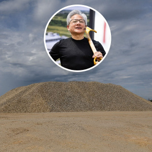 A massive sand pile is pictured, along with Nvidia CEO Jensen Huang.