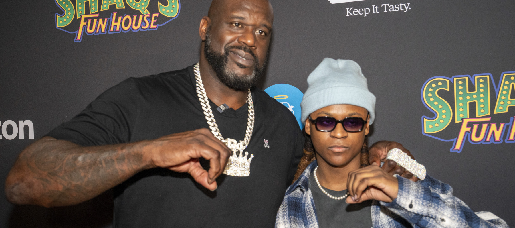 Shaquille O'Neal with his son Myles O'Neal, a DJ, in 2025.