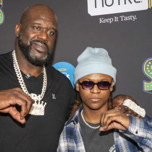 Shaquille O'Neal with his son Myles O'Neal, a DJ, in 2025.