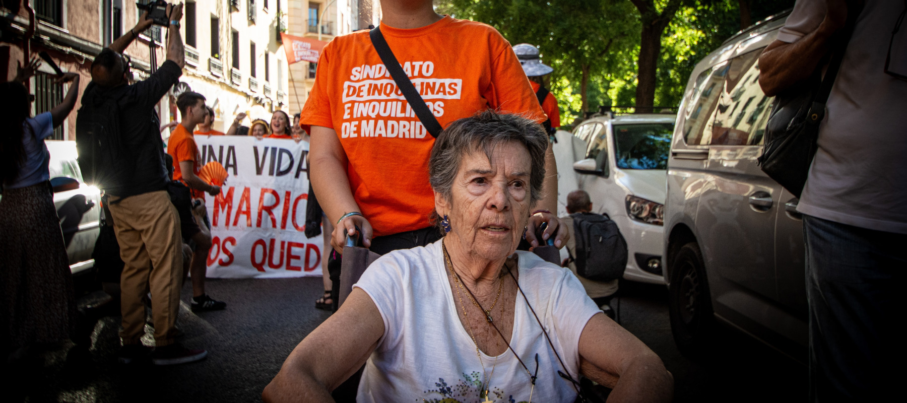 Maricarmen Abascal, 87, attends a protest after being evicted from her home in Madrid.