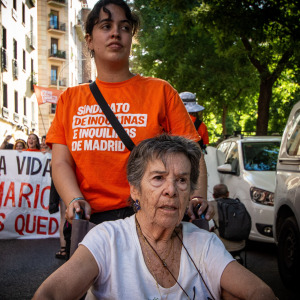 Maricarmen Abascal, 87, attends a protest after being evicted from her home in Madrid.