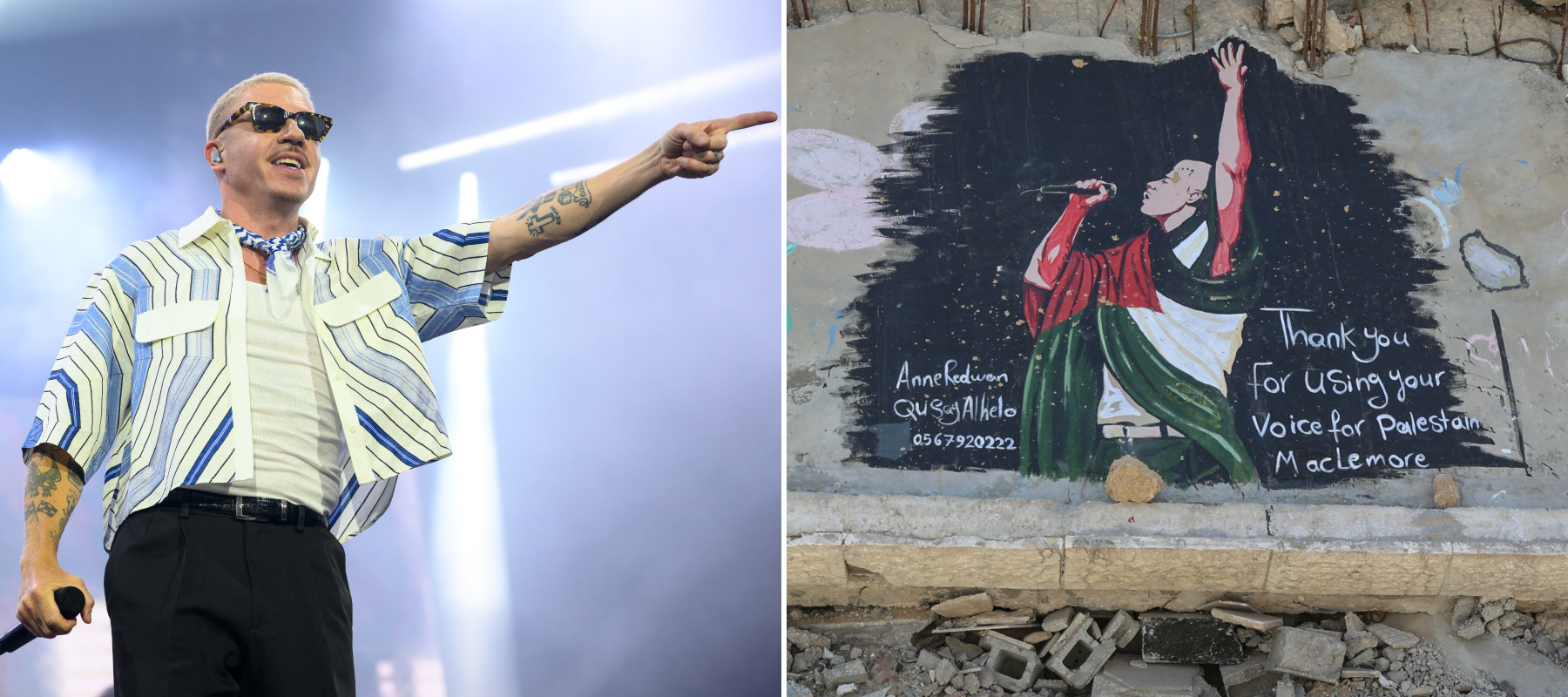 On the left, Macklemore performs live on stage, and on the right, a mural dedicated to the rapper that was painted on the rubble of a destroyed building in Gaza City.